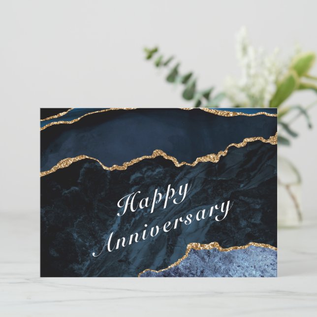 Carte Joyeux anniversaire - Agate Navy Blue Gold Gemston (Debout devant)