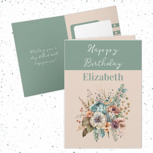 Carte Joyeux anniversaire ajouter nom boho vert floral