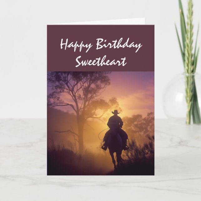 Carte Joyeux Anniversaire amour solitaire Cowboy Sunset (Devant)