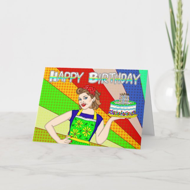 Carte Joyeux Anniversaire Amoureux Retro Lady Holding Gâ (Devant)