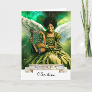 Carte Joyeux anniversaire. Angel avec Harpe, Nom personn