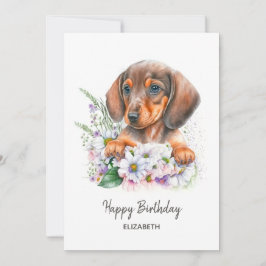 Carte Joyeux anniversaire | Aquarelle Dachshund et Flora