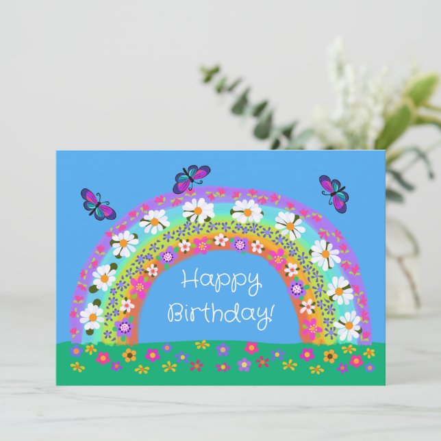 Carte Joyeux Anniversaire arc-en-ciel des fleurs Papillo (Debout devant)