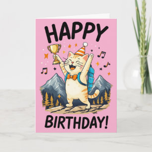 Carte Joyeux anniversaire au chat randonneur avec trophé