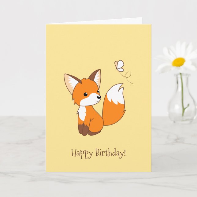 Carte Joyeux Anniversaire au Renard Mignon qui Regarde l (Petite plante)