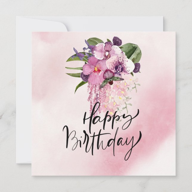 Carte Joyeux anniversaire avec aquarelle orchidée violet (Devant)