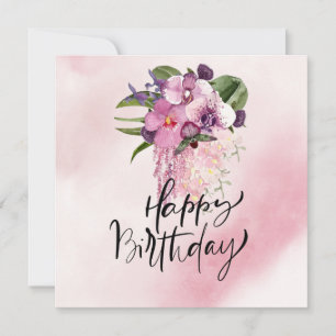 Carte Joyeux anniversaire avec aquarelle orchidée violet