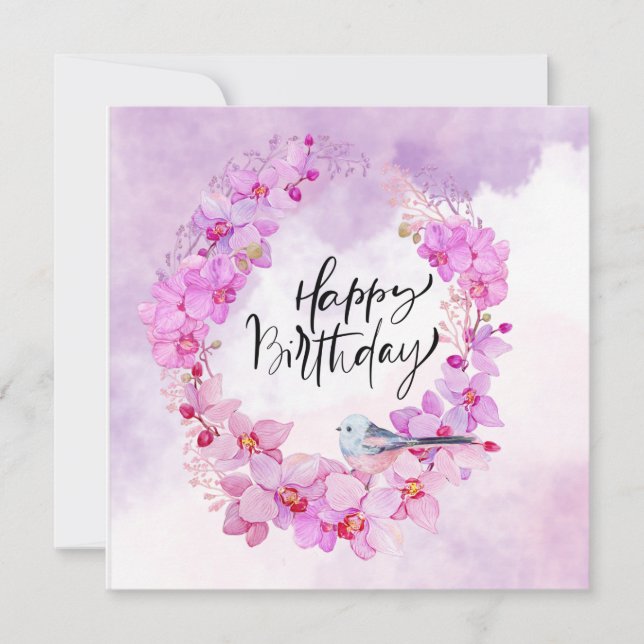 Carte Joyeux anniversaire avec aquarelle orchidée violet (Devant)