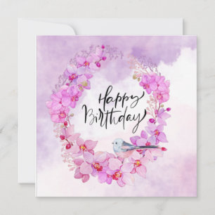 Carte Joyeux anniversaire avec aquarelle orchidée violet