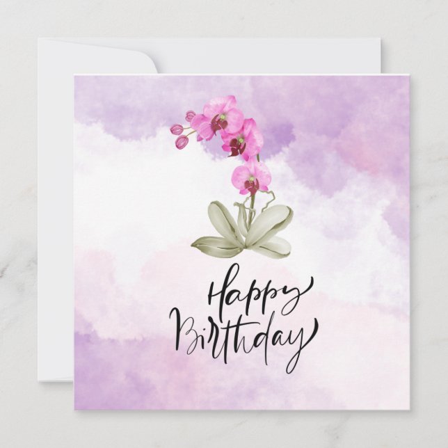 Carte Joyeux anniversaire avec aquarelle orchidée violet (Devant)
