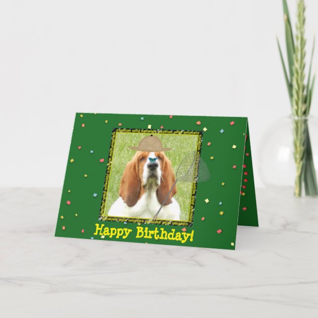 Carte "Joyeux anniversaire" avec Basset Hound comme chas (Devant)