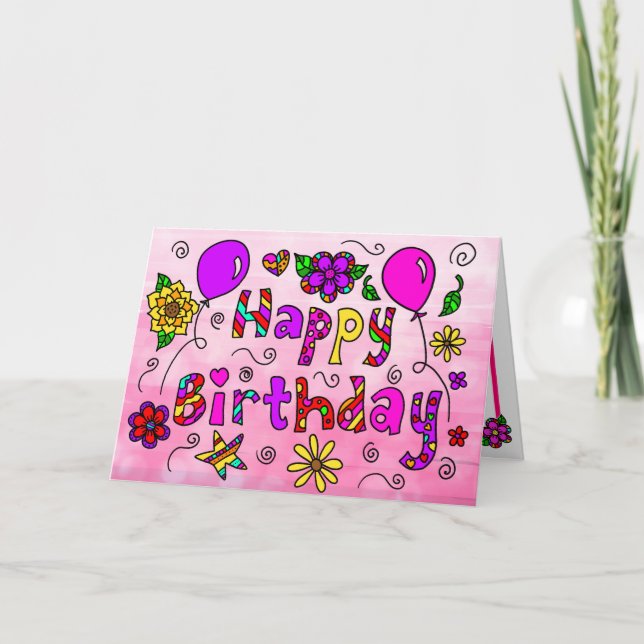 Carte Joyeux anniversaire avec Fleurs et Ballons Whimsic (Devant)