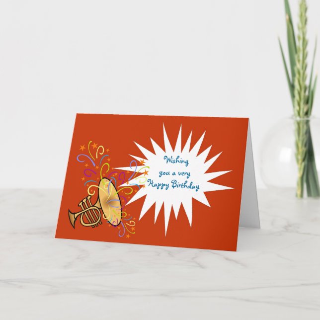Carte Joyeux anniversaire avec trompette et serpentins (Devant)