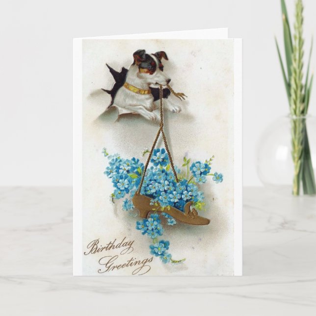 Carte Joyeux anniversaire avec un chien mignon et une ch (Devant)