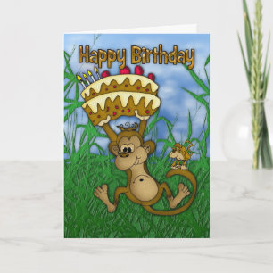 Carte Joyeux Anniversaire avec un singe tenant cake