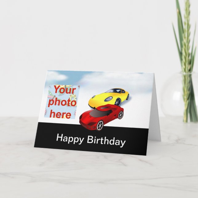 Carte Joyeux anniversaire avec voitures de course jaunes (Devant)