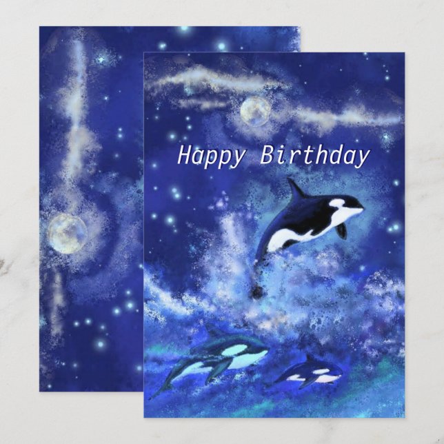 Carte Joyeux anniversaire - Baleines tueuses en Pleine l (Devant / Derrière)