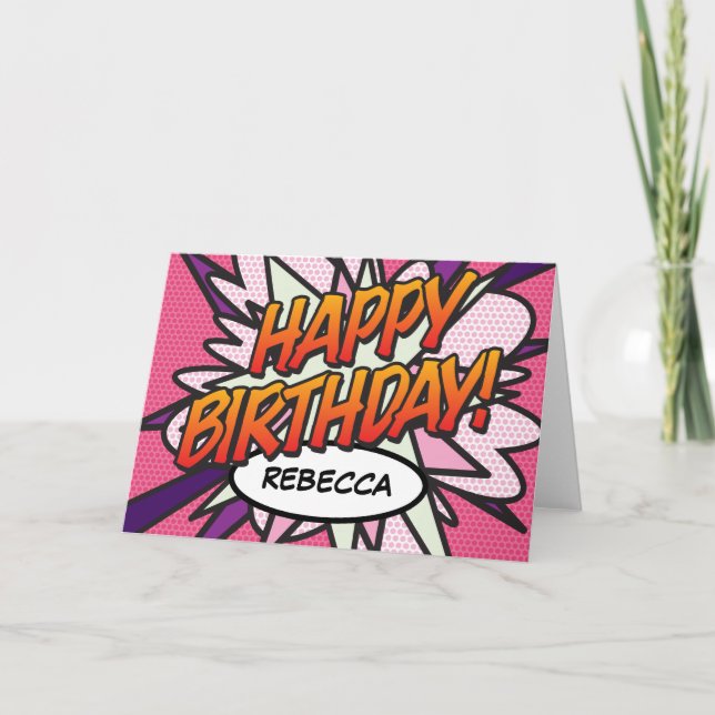 Carte Joyeux Anniversaire Bande Dessinée Pop Art Rose (Devant)