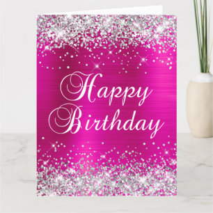 Carte Joyeux Anniversaire Big Silver Glitter Rose Chaud