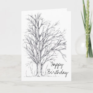 Carte Joyeux anniversaire Black White Tree Line Dessin d