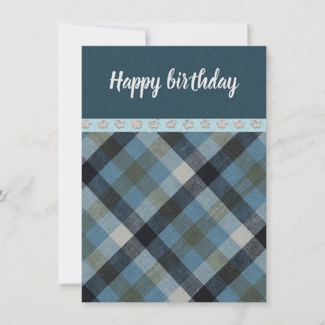 Carte Joyeux anniversaire Blue Tartan Flat Greeting Card (Devant)