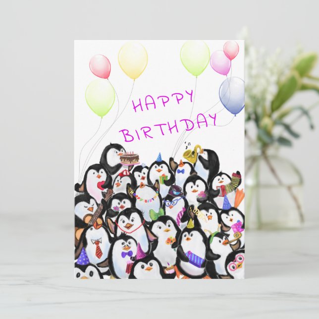 Carte Joyeux anniversaire - Bonne fête des pingouins (Debout devant)