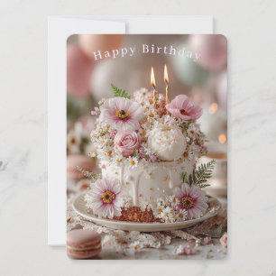 Carte Joyeux Anniversaire Bougies de Gâteau Floral Jolie