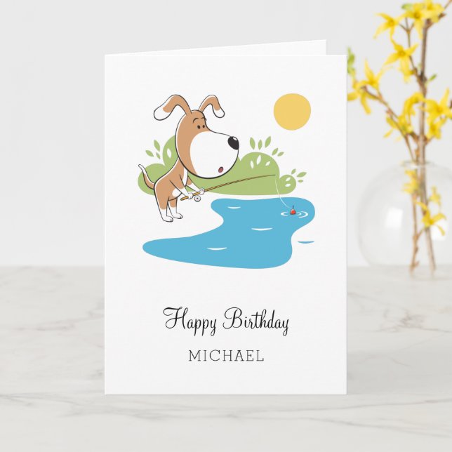 Carte Joyeux Anniversaire Caricature Chien mignon Pêche  (Fleur jaune)