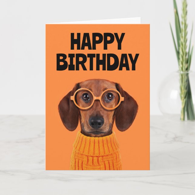 Carte Joyeux anniversaire | Chandail orange Dachshund (Devant)