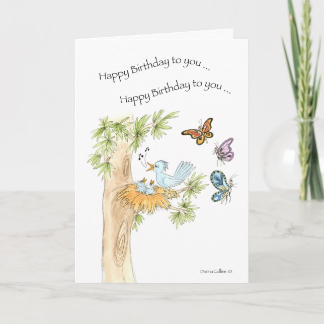 Carte Joyeux Anniversaire Chanson Bleu Oiseaux (Devant)