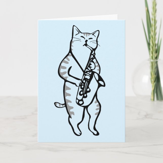 CARTE JOYEUX ANNIVERSAIRE CHAT JOUE DU SAXOPHONE (Devant)