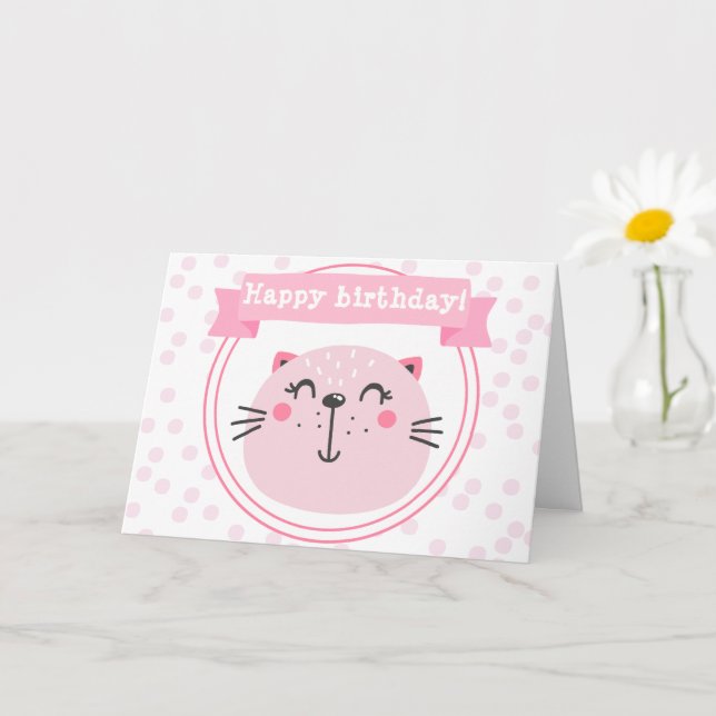 Carte Joyeux anniversaire ! Chat rose mignon - Anniversa (Petite plante)