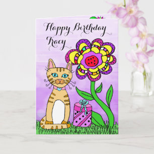 Carte Joyeux Anniversaire Chat Whimsical et Fleurs