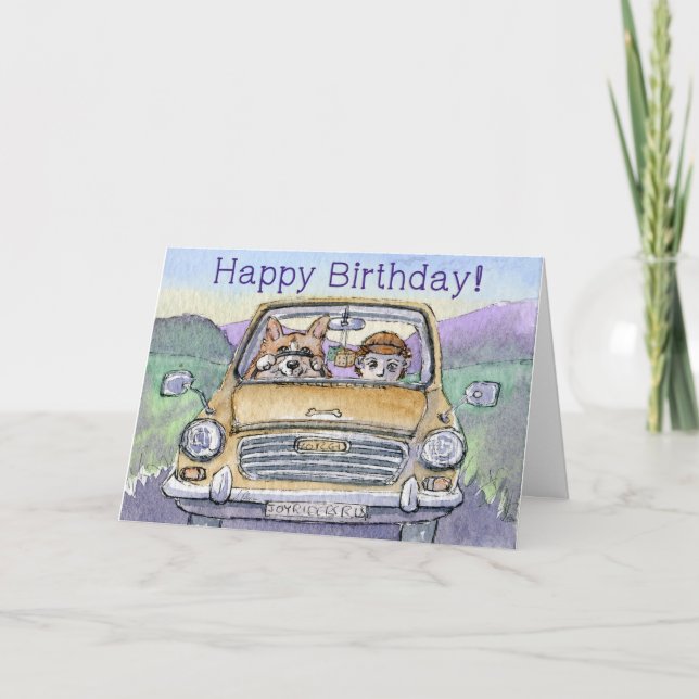 Carte Joyeux anniversaire, chien de corgi conduisant son (Devant)