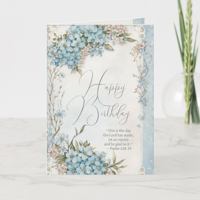 Carte Joyeux anniversaire chrétien Bleu Floral Écriture (Devant)