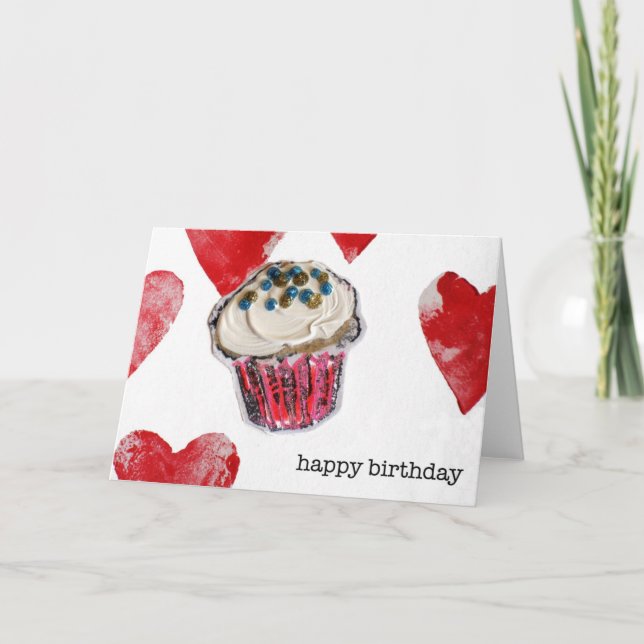 Carte joyeux anniversaire, coeurs de petit gâteau (Devant)