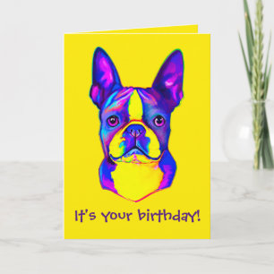Carte Joyeux anniversaire coloré Boston Terrier