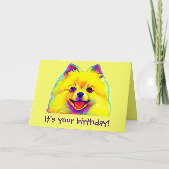 Carte Joyeux anniversaire coloré Pomeranian (Devant)
