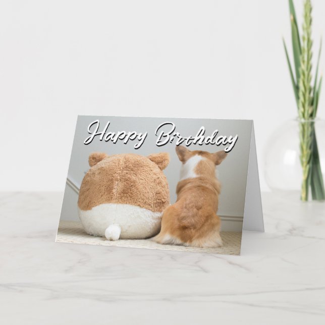 Carte Joyeux Anniversaire | Corgi & chiot en peluche (Devant)