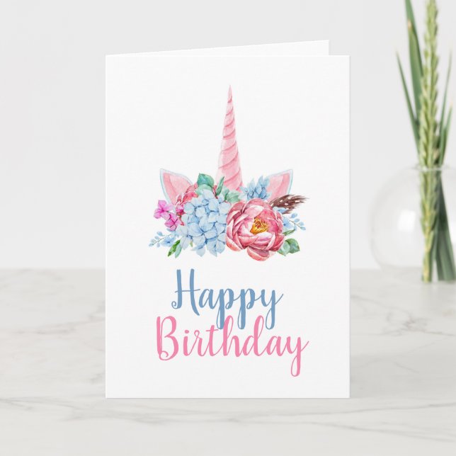 Carte Joyeux Anniversaire | Couronne Florale Licorne Aqu (Devant)