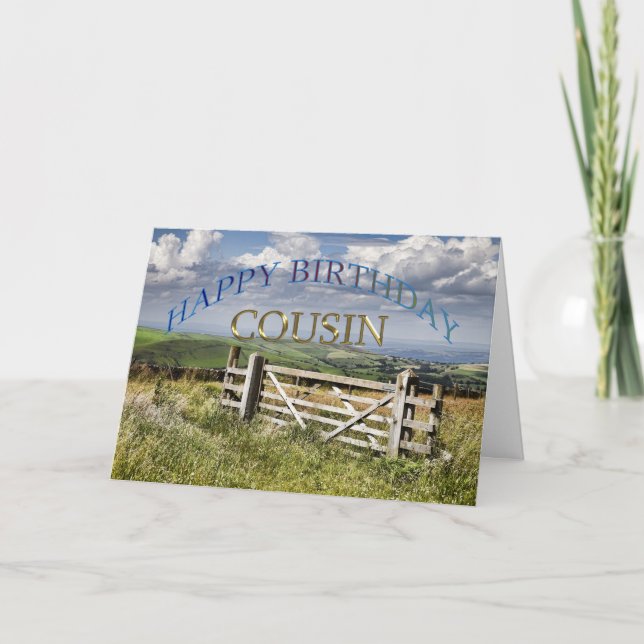 Carte Joyeux Anniversaire Cousin, paysage avec une porte (Devant)