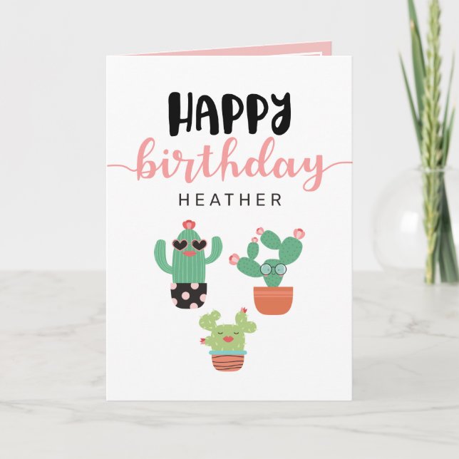 Carte Joyeux anniversaire de rose mignon de cactus (Devant)