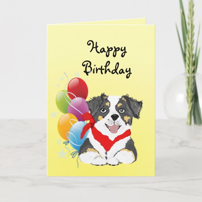 Carte Joyeux anniversaire de tri chiot australien noir (Devant)