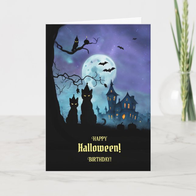 Carte Joyeux anniversaire d'Halloween avec de mignons Ca (Devant)