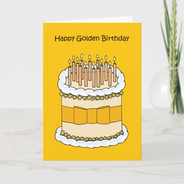 Carte Joyeux Anniversaire d'or, gâteau et bougies. (Devant)
