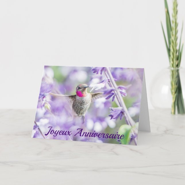Carte Joyeux Anniversaire du colibri rose et mauve (Devant)