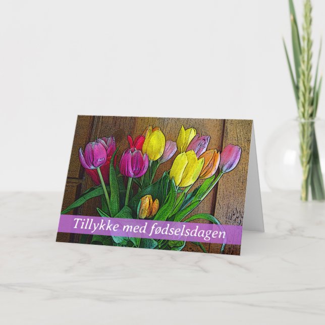 Carte Joyeux anniversaire en danois avec arrangement ave (Devant)