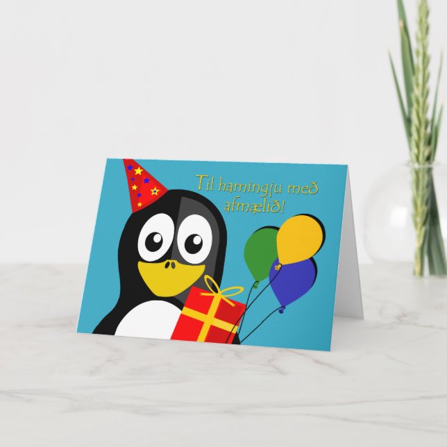Carte Joyeux anniversaire en islandais, mignon pingouin (Devant)