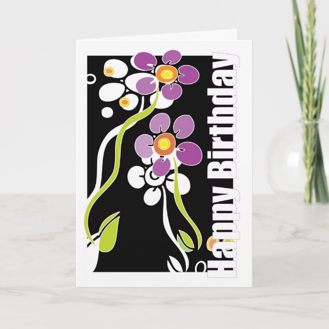 Carte Joyeux anniversaire femelle, fleurs pourpres (Devant)