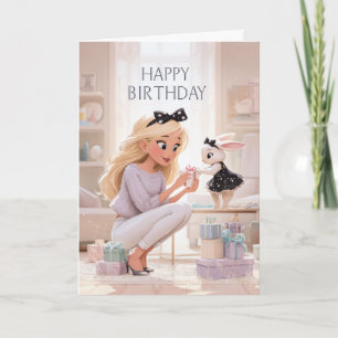 Carte Joyeux Anniversaire Femme Élégante et Lapin Offran